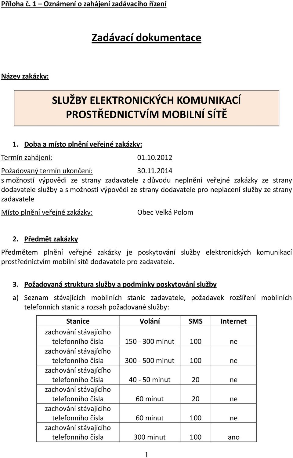 2014 s možností výpovědi ze strany zadavatele z důvodu neplnění veřejné zakázky ze strany dodavatele služby a s možností výpovědi ze strany dodavatele pro neplacení služby ze strany zadavatele Místo