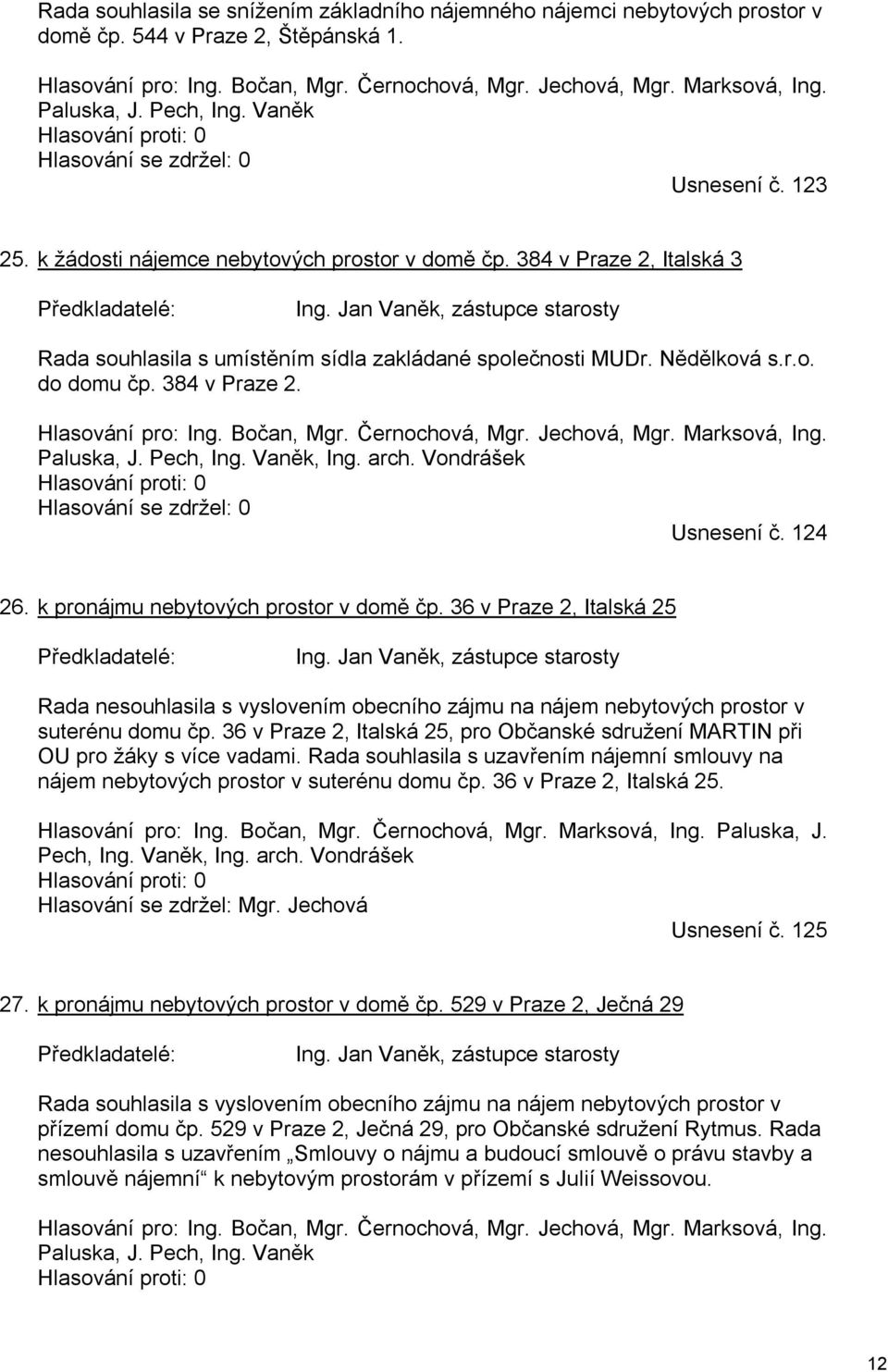 Jan Vaněk, zástupce starosty Rada souhlasila s umístěním sídla zakládané společnosti MUDr. Nědělková s.r.o. do domu čp. 384 v Praze 2. Hlasování pro: Ing. Bočan, Mgr. Černochová, Mgr. Jechová, Mgr.