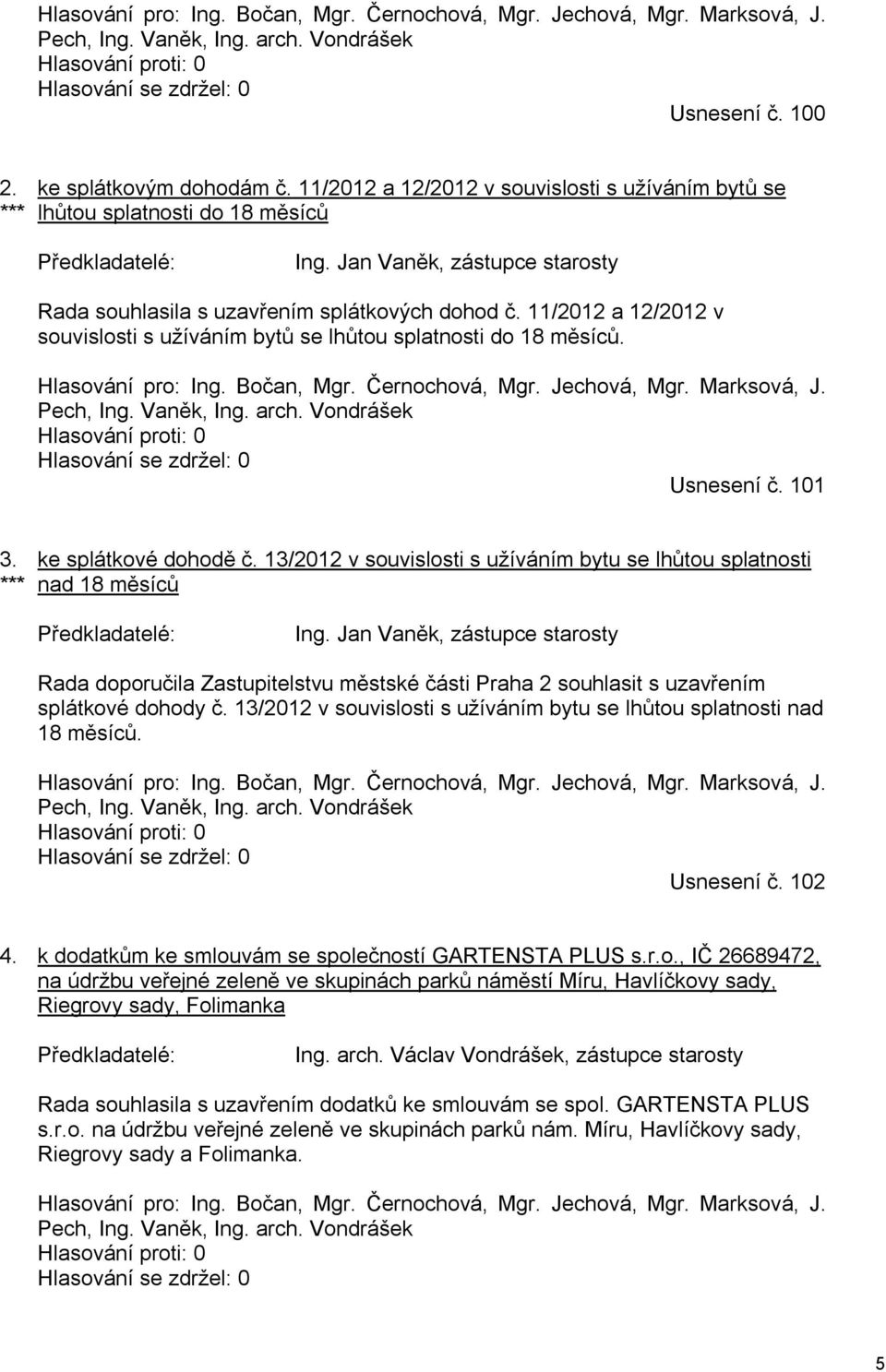 11/2012 a 12/2012 v souvislosti s užíváním bytů se lhůtou splatnosti do 18 měsíců. Hlasování pro: Ing. Bočan, Mgr. Černochová, Mgr. Jechová, Mgr. Marksová, J. Pech, Ing. Vaněk, Ing. arch.