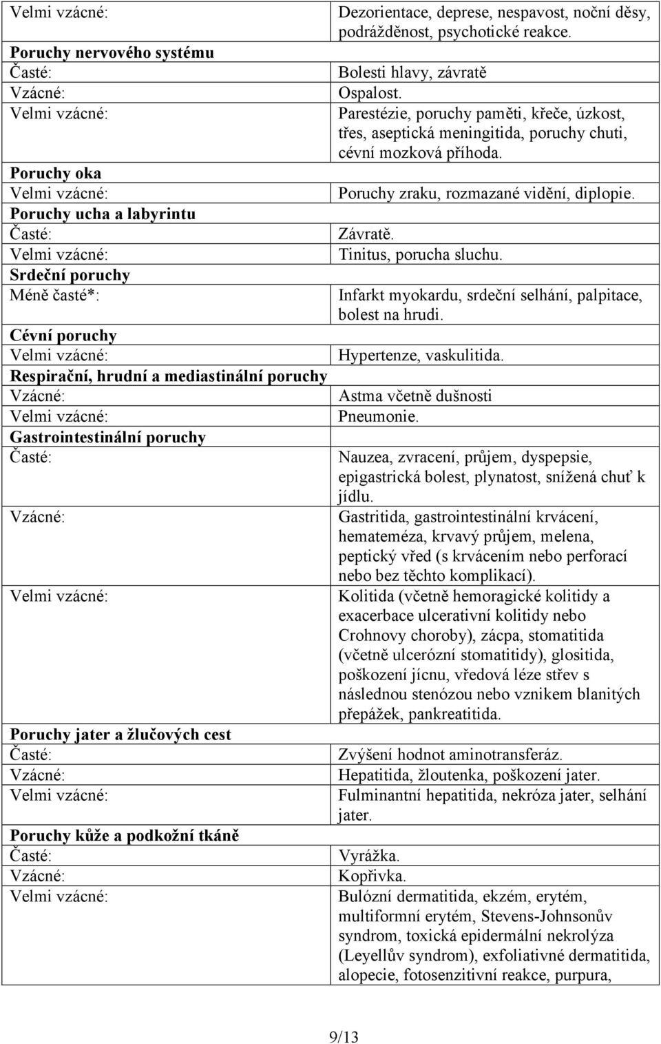 Parestézie, poruchy paměti, křeče, úzkost, třes, aseptická meningitida, poruchy chuti, cévní mozková příhoda. Poruchy zraku, rozmazané vidění, diplopie. Závratě. Tinitus, porucha sluchu.