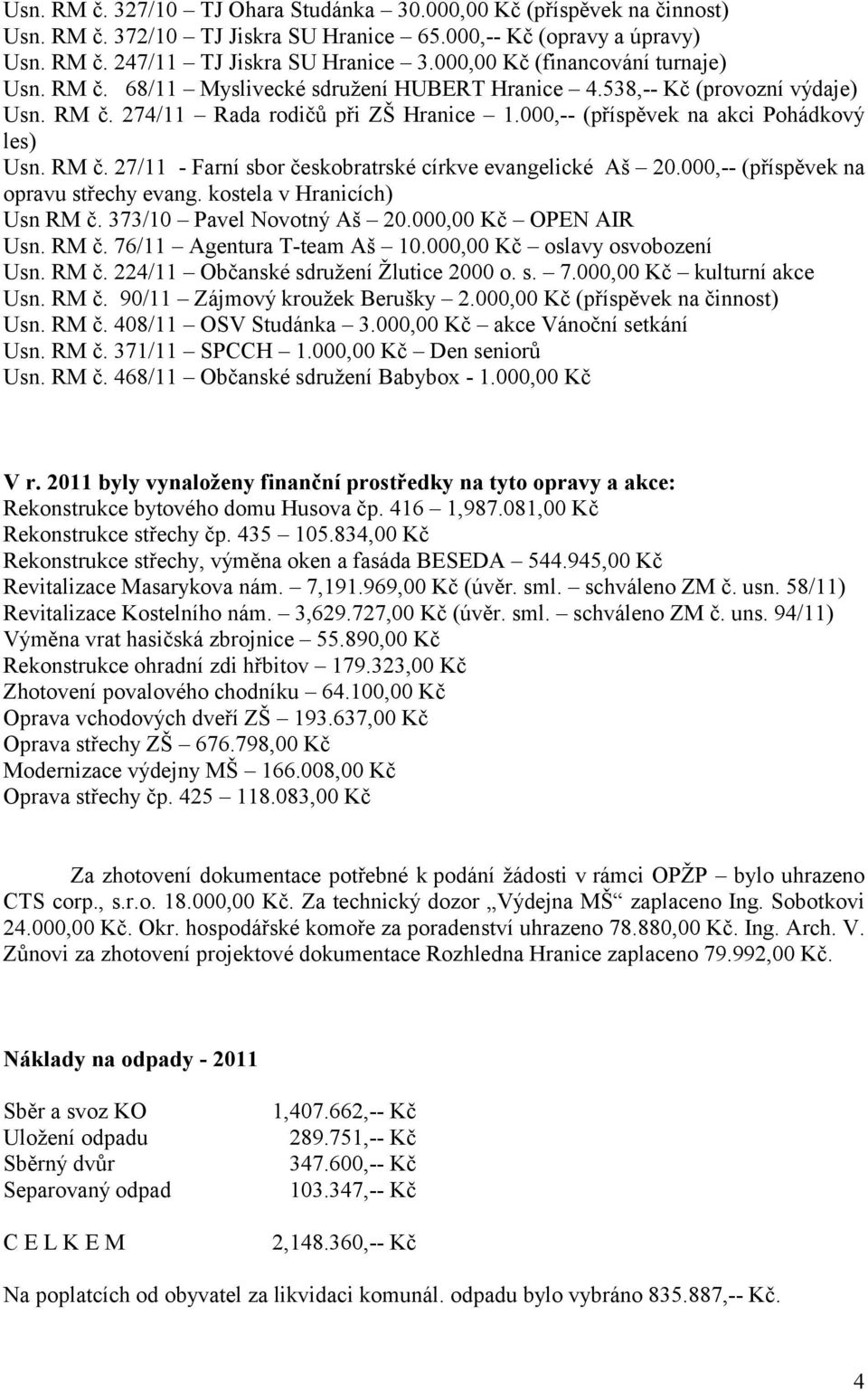 000,-- (příspěvek na akci Pohádkový les) Usn. RM č. 27/11 - Farní sbor českobratrské církve evangelické Aš 20.000,-- (příspěvek na opravu střechy evang. kostela v Hranicích) Usn RM č.