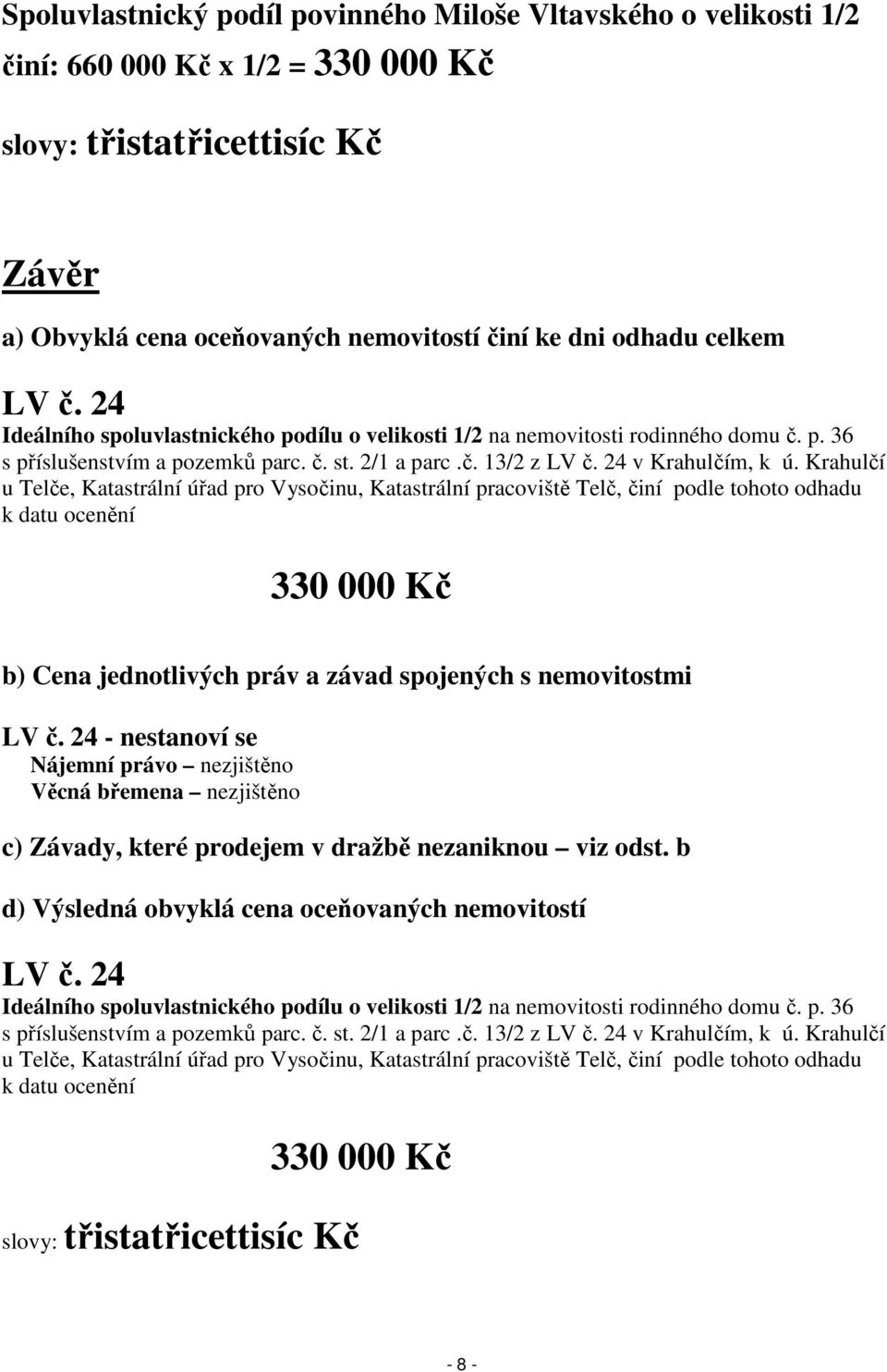 Krahulčí u Telče, Katastrální úřad pro Vysočinu, Katastrální pracoviště Telč, činí podle tohoto odhadu k datu ocenění 330 000 Kč b) Cena jednotlivých práv a závad spojených s nemovitostmi LV č.