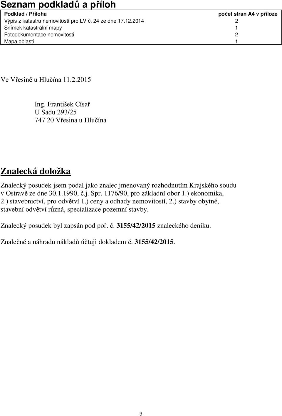 František Císař U Sadu 293/25 747 20 Vřesina u Hlučína Znalecká doložka Znalecký posudek jsem podal jako znalec jmenovaný rozhodnutím Krajského soudu v Ostravě ze dne 30.1.1990, č.j. Spr.