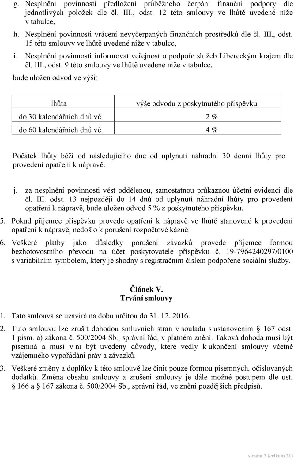 Nesplnění povinnosti informovat veřejnost o podpoře služeb Libereckým krajem dle čl. III., odst.