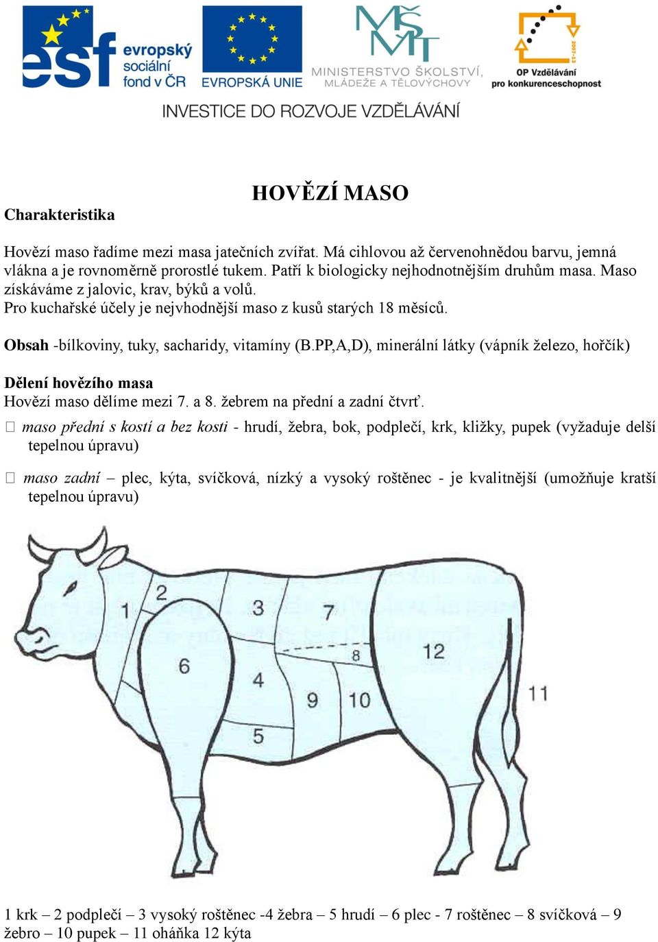 Obsah -bílkoviny, tuky, sacharidy, vitamíny (B.PP,A,D), minerální látky (vápník železo, hořčík) Dělení hovězího masa Hovězí maso dělíme mezi 7. a 8. žebrem na přední a zadní čtvrť.