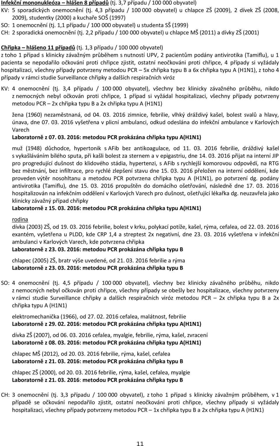 1,1 případu / 1 obyvatel) u studenta SŠ (1999) CH: 2 sporadická onemocnění (tj. 2,2 případu / 1 obyvatel) u chlapce MŠ (211) a dívky ZŠ (21) Chřipka hlášeno 11 případů (tj.