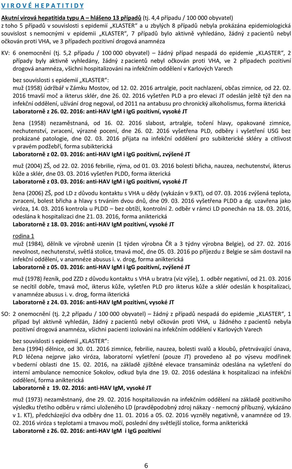 vyhledáno, žádný z pacientů nebyl očkován proti VHA, ve 3 případech pozitivní drogová anamnéza KV: 6 onemocnění (tj.