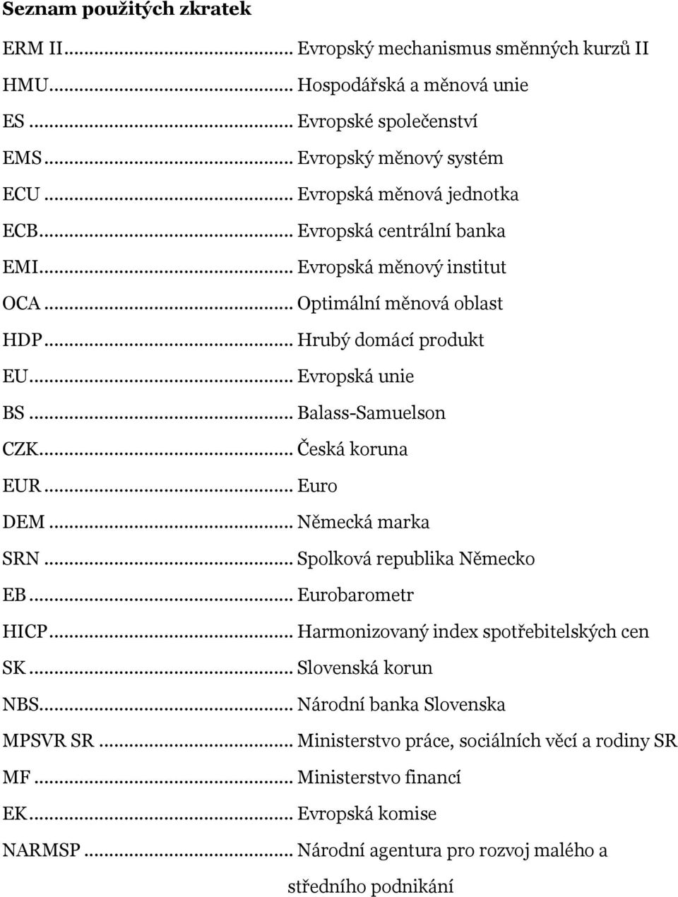 .. Balass-Samuelson CZK... Česká koruna EUR... Euro DEM... Německá marka SRN... Spolková republika Německo EB... Eurobarometr HICP... Harmonizovaný index spotřebitelských cen SK.