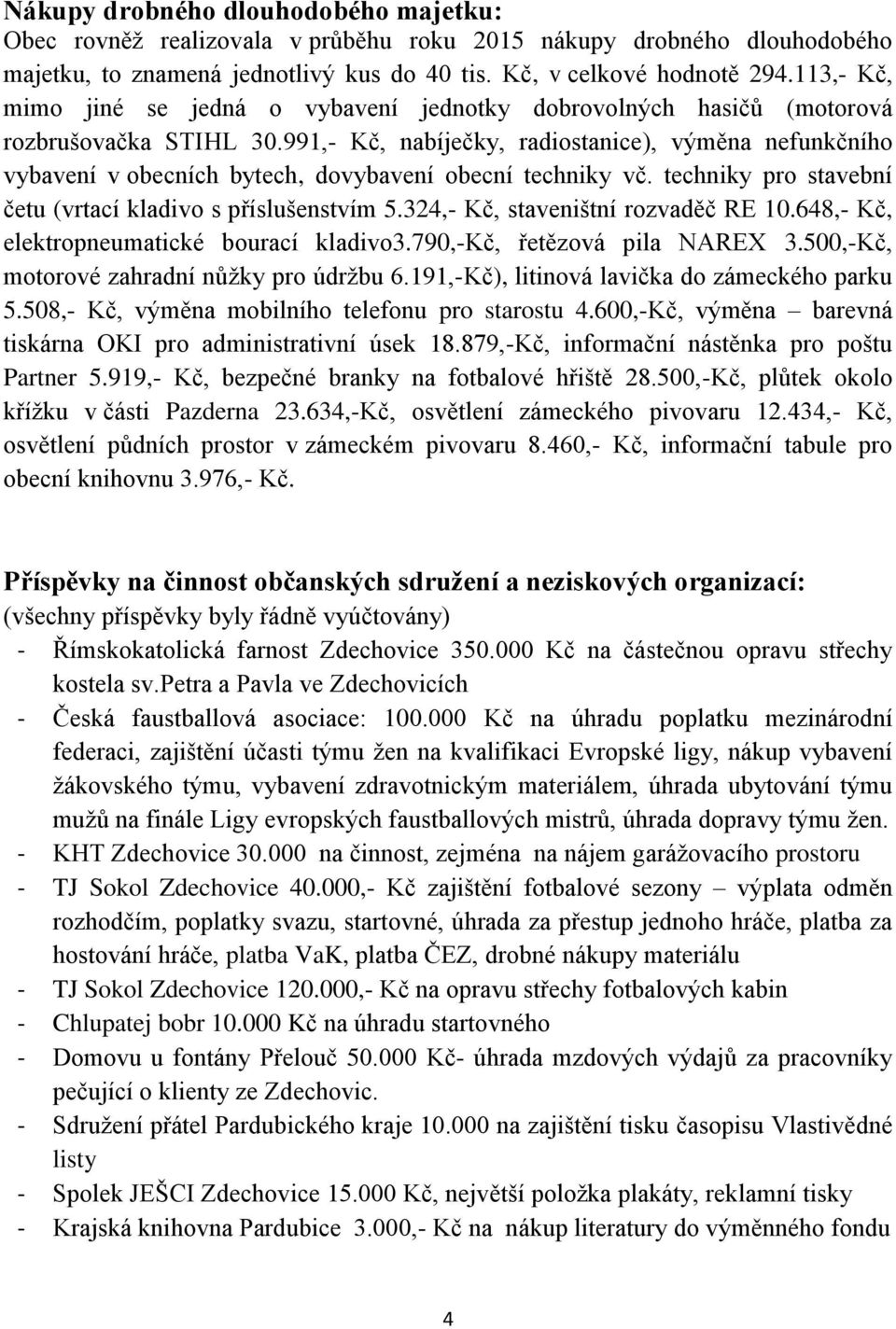 991,- Kč, nabíječky, radiostanice), výměna nefunkčního vybavení v obecních bytech, dovybavení obecní techniky vč. techniky pro stavební četu (vrtací kladivo s příslušenstvím 5.