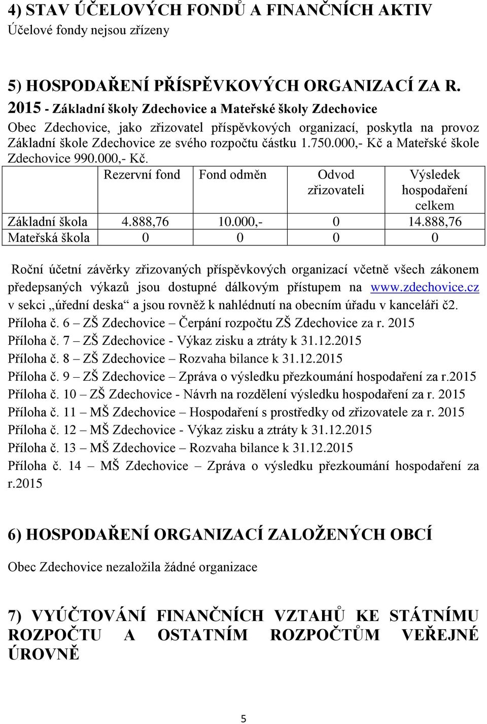 000,- Kč a Mateřské škole Zdechovice 990.000,- Kč. Rezervní fond Fond odměn Odvod zřizovateli Výsledek hospodaření celkem Základní škola 4.888,76 10.000,- 0 14.