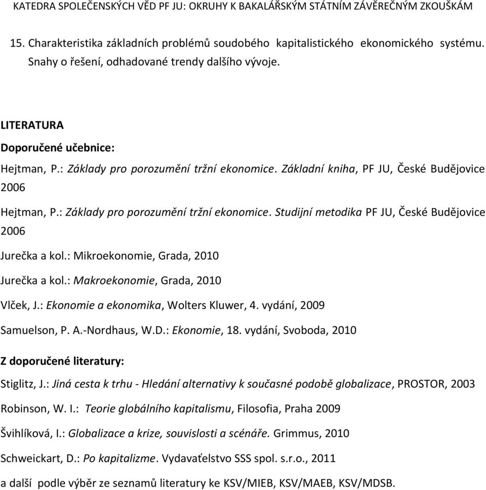 : Mikroekonomie, Grada, 2010 Jurečka a kol.: Makroekonomie, Grada, 2010 Vlček, J.: Ekonomie a ekonomika, Wolters Kluwer, 4. vydání, 2009 Samuelson, P. A.-Nordhaus, W.D.: Ekonomie, 18.