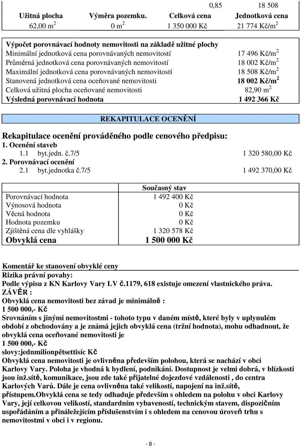 Kč/m 2 Průměrná jednotková cena porovnávaných nemovitostí 18 002 Kč/m 2 Maximální jednotková cena porovnávaných nemovitostí 18 508 Kč/m 2 Stanovená jednotková cena oceňované nemovitosti 18 002 Kč/m 2