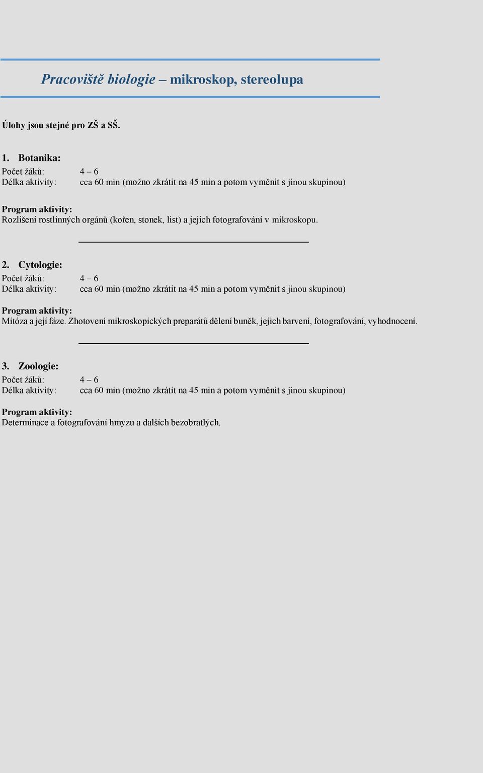 jejich fotografování v mikroskopu. 2. Cytologie: Počet žáků: 4 6 Délka aktivity: cca 60 min (možno zkrátit na 45 min a potom vyměnit s jinou skupinou) Mitóza a její fáze.