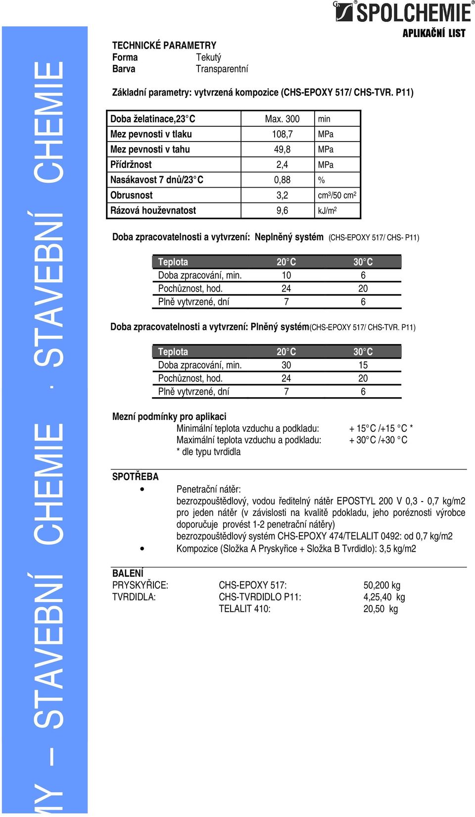 vytvrzení: Neplněný systém (CHS-EPOXY 517/ CHS- P11) Teplota 20 C 30 C Doba zpracování, min. 10 6 Pochůznost, hod.