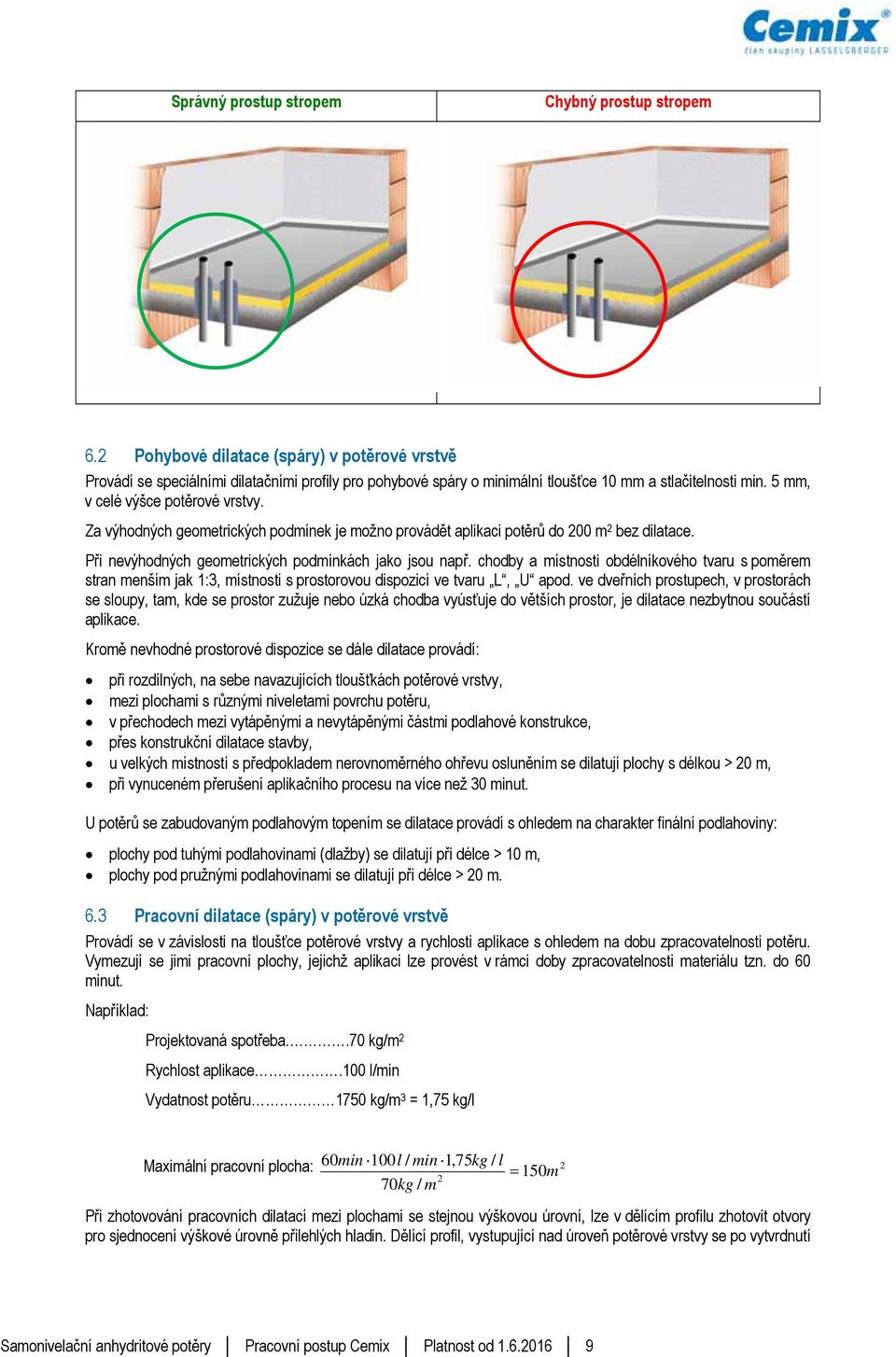 Za výhodných geometrických podmínek je možno provádět aplikaci potěrů do 200 m 2 bez dilatace. Při nevýhodných geometrických podmínkách jako jsou např.