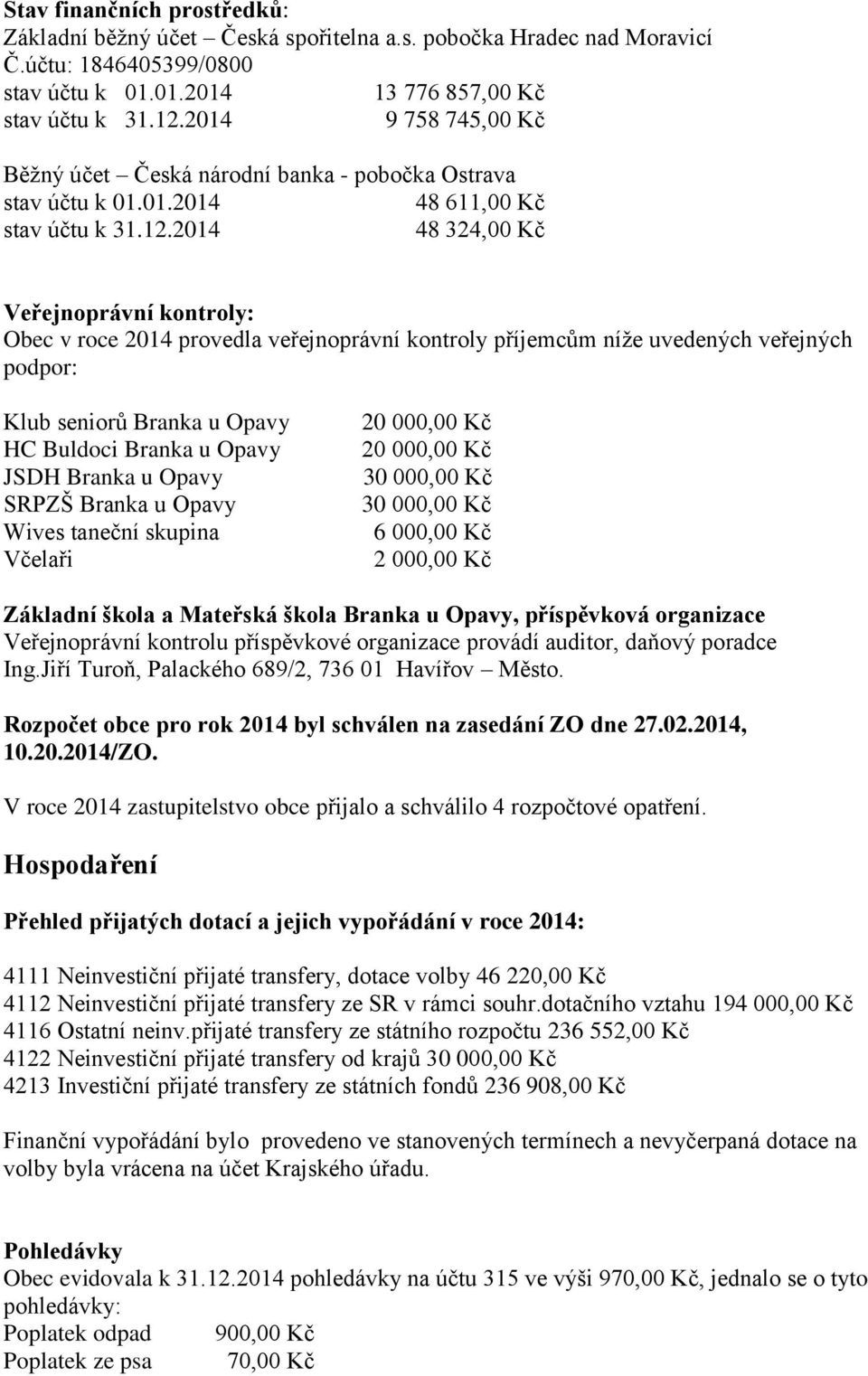 2014 48 324,00 Kč Veřejnoprávní kontroly: Obec v roce 2014 provedla veřejnoprávní kontroly příjemcům níže uvedených veřejných podpor: Klub seniorů Branka u Opavy HC Buldoci Branka u Opavy JSDH Branka