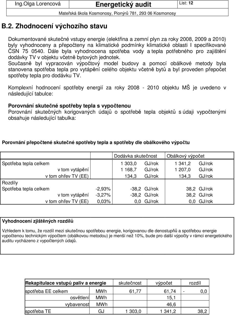 specifikované ČSN 75 0540. Dále byla vyhodnocena spotřeba vody a tepla potřebného pro zajištění dodávky TV v objektu včetně bytových jednotek.