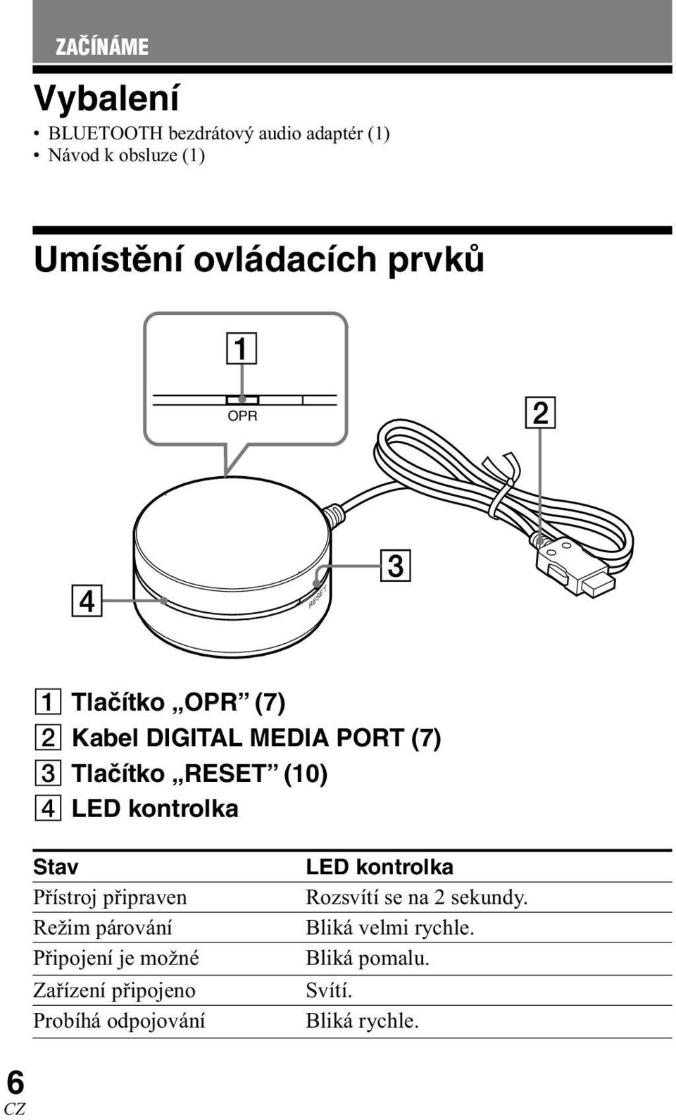 kontrolka Stav Přístroj připraven Režim párování Připojení je možné Zařízení připojeno Probíhá