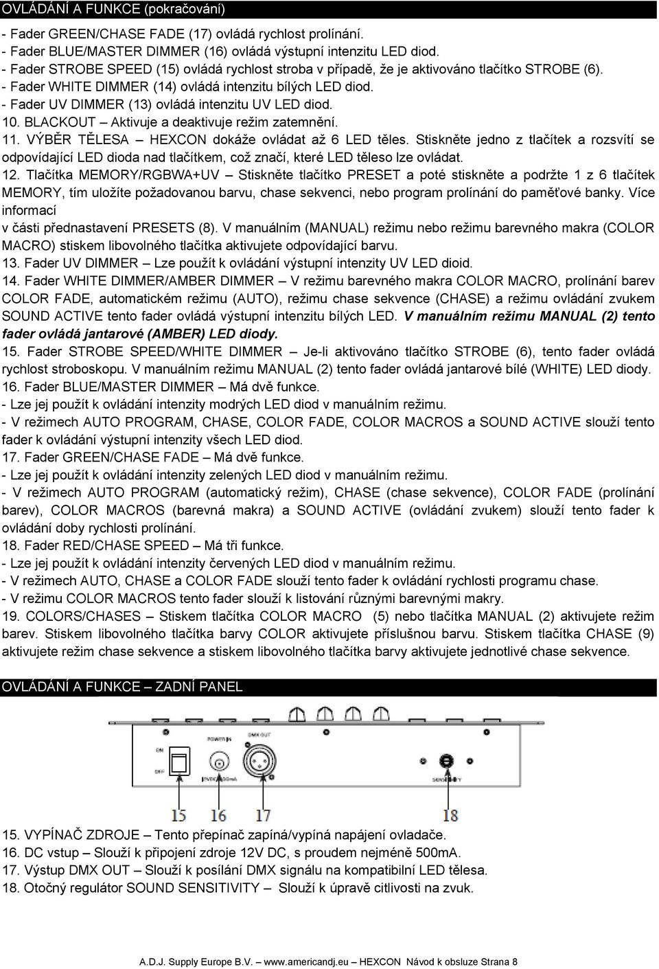 - Fader UV DIMMER (13) ovládá intenzitu UV LED diod. 10. BLACKOUT Aktivuje a deaktivuje režim zatemnění. 11. VÝBĚR TĚLESA HEXCON dokáže ovládat až 6 LED těles.