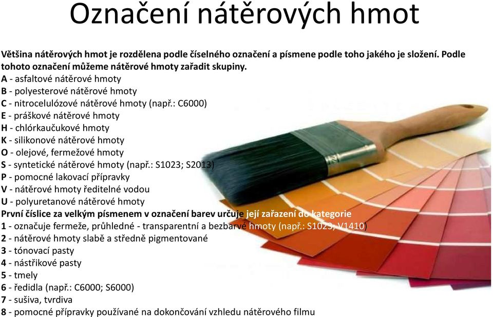 : C6000) E - práškové nátěrové hmoty H - chlórkaučukové hmoty K - silikonové nátěrové hmoty O - olejové, fermežové hmoty S - syntetické nátěrové hmoty (např.