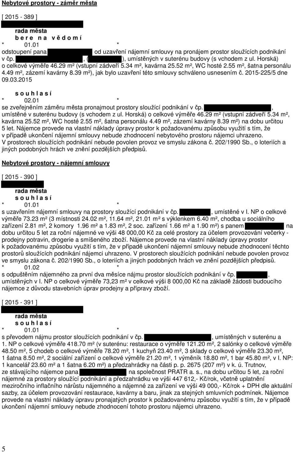39 m²), jak bylo uzavření této smlouvy schváleno usnesením č. 2015-225/5 dne 09.03.2015 * 02.01 * se zveřejněním záměru města pronajmout prostory sloužící podnikání v čp.