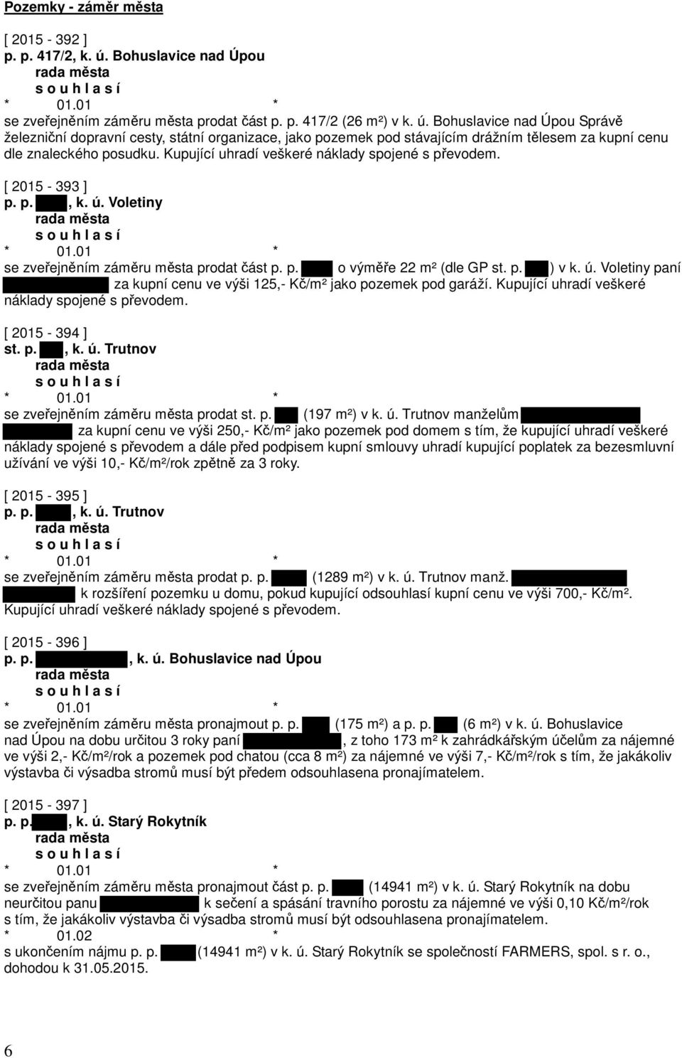Bohuslavice nad Úpou Správě železniční dopravní cesty, státní organizace, jako pozemek pod stávajícím drážním tělesem za kupní cenu dle znaleckého posudku.