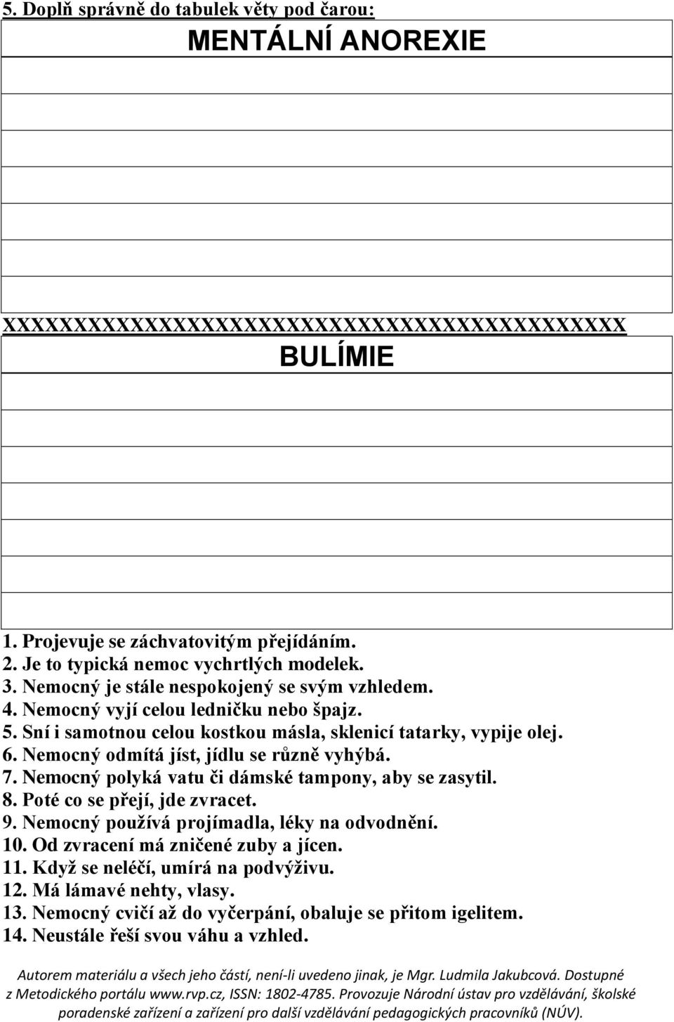 Sní i samotnou celou kostkou másla, sklenicí tatarky, vypije olej. 6. Nemocný odmítá jíst, jídlu se různě vyhýbá. 7. Nemocný polyká vatu či dámské tampony, aby se zasytil. 8.