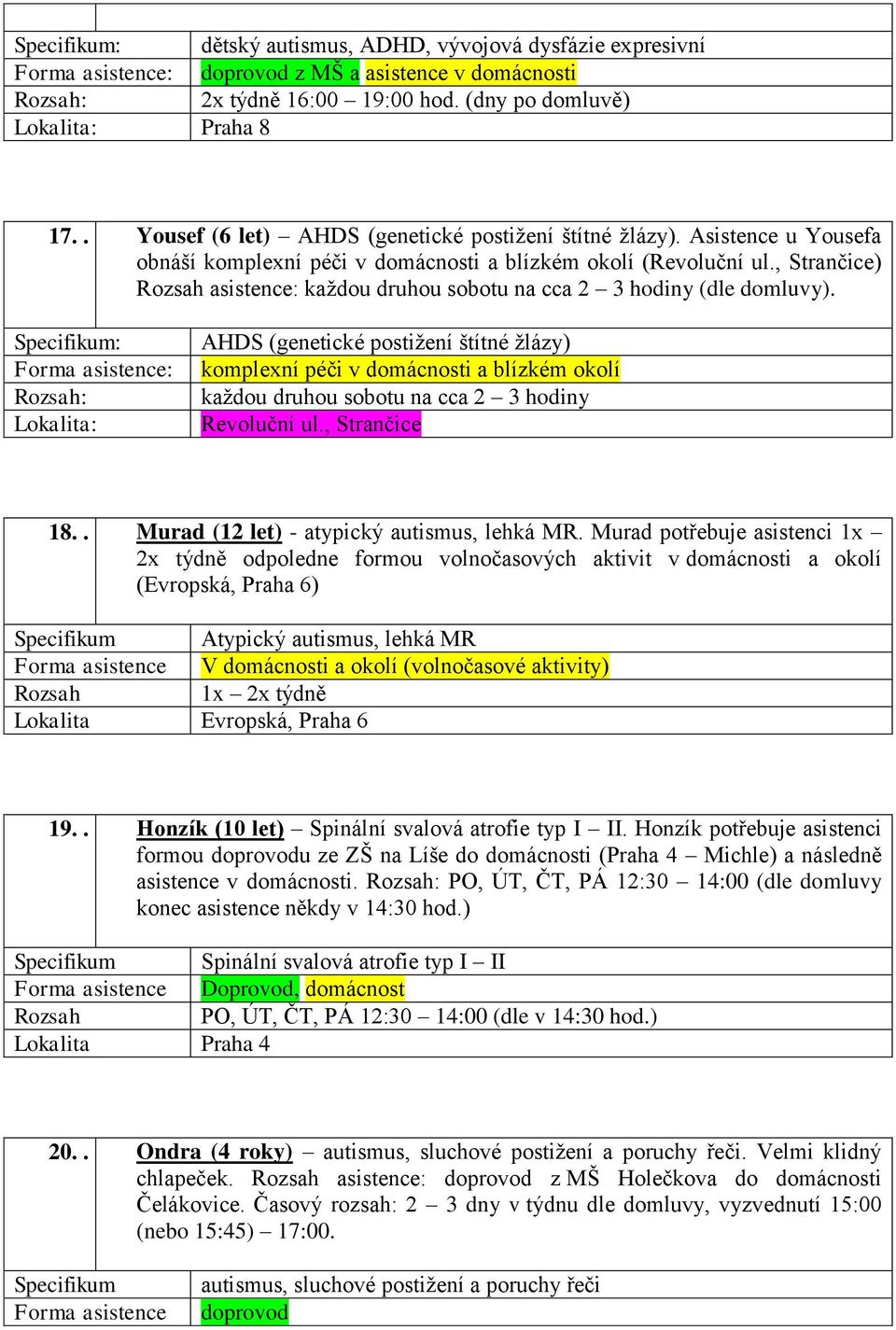 , Strančice) asistence: každou druhou sobotu na cca 2 3 hodiny (dle domluvy).