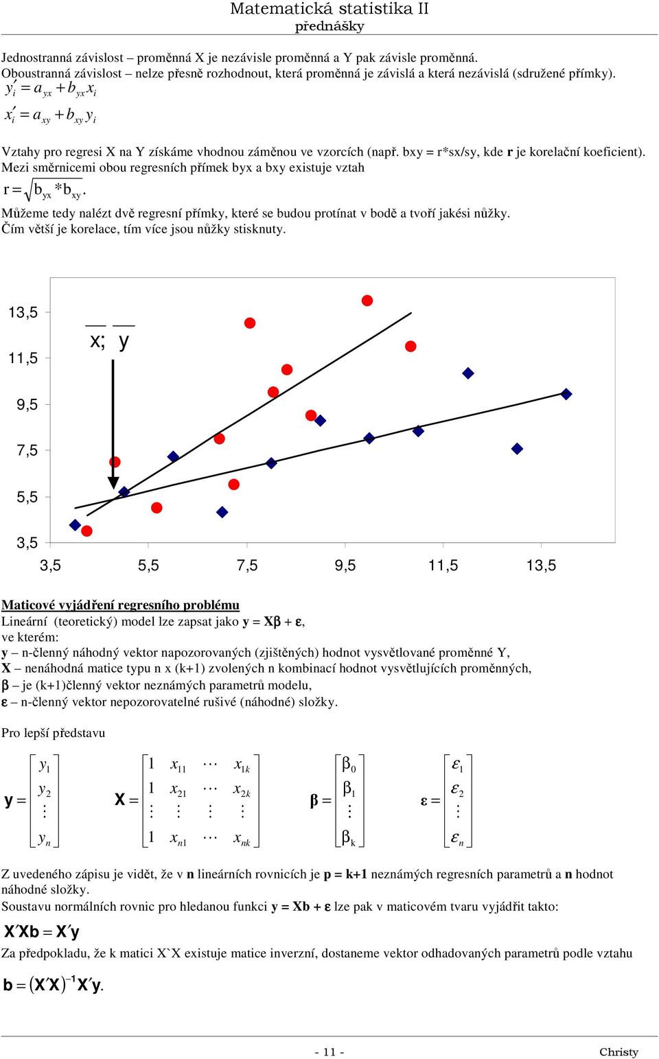tut 3,5,5 ; 9,5 7,5 5,5 3,5 3,5 5,5 7,5 9,5,5 3,5 atcové vjádřeí egeího polému Leáí (teoetcý) model lze zapat jao Xβ ε, ve teém: -čleý áhodý veto apozoovaých (zjštěých) hodot vvětlovaé poměé Y, X