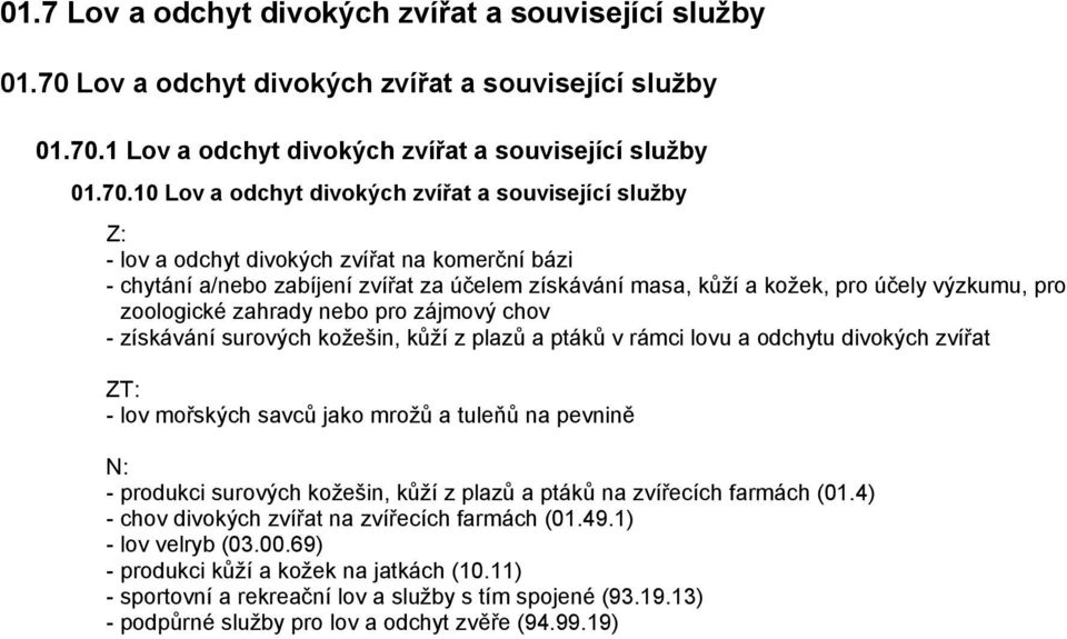 1 10 Lov a odchyt divokých zvířat a související služby - lov a odchyt divokých zvířat na komerční bázi - chytání a/nebo zabíjení zvířat za účelem získávání masa, kůží a kožek, pro účely výzkumu, pro