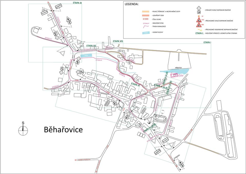 ROZLIŠENÍ TOK - TRAA KANALIZACE - TÁVAJÍCÍ VILÉ DOPRAVNÍ ZNAČENÍ - UZAVŘENÝ ÚEK NÁDRŽ - VODNÍ PLOCHY - PŘECHODNÉ VILÉ DOPRAVNÍ ZNAČENÍ - PŘECHODNÉ VODOROVNÉ