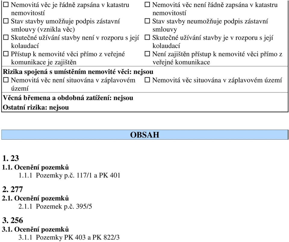 nemovité věci přímo z komunikace je zajištěn veřejné komunikace Rizika spojená s umístěním nemovité věci: nejsou Nemovitá věc není situována v záplavovém Nemovitá věc situována v záplavovém území