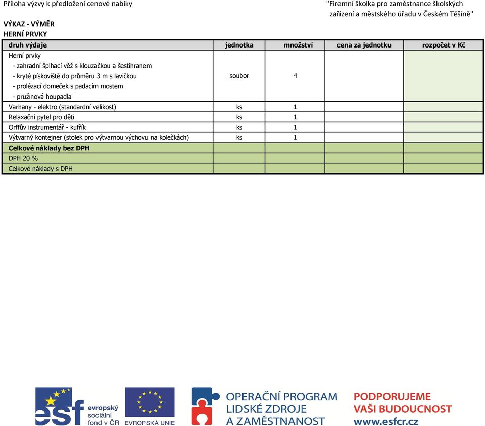 m s lavičkou - prolézací domeček s padacím mostem - pružinová houpadla Varhany - elektro (standardní velikost) ks 1 Relaxační pytel pro děti ks 1 Orffův