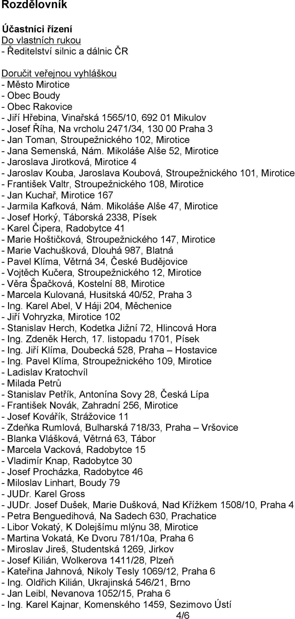 Mikoláše Alše 52, Mirotice - Jaroslava Jirotková, Mirotice 4 - Jaroslav Kouba, Jaroslava Koubová, Stroupežnického 101, Mirotice - František Valtr, Stroupežnického 108, Mirotice - Jan Kuchař, Mirotice