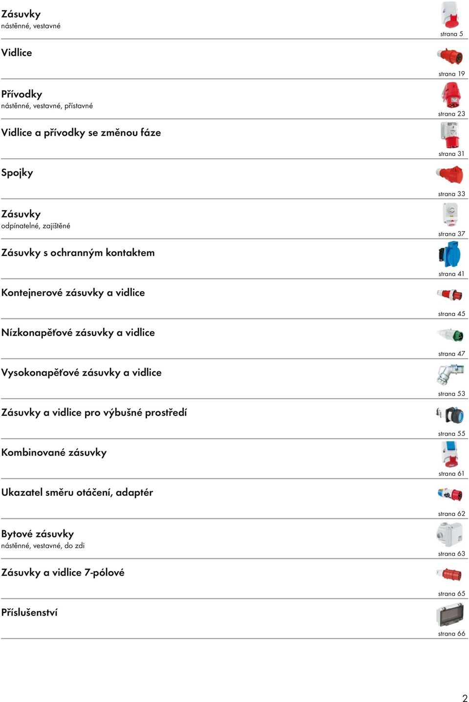 Nízkonapěťové zásuvky a vidlice strana 47 Vysokonapěťové zásuvky a vidlice strana 53 Zásuvky a vidlice pro výbušné prostředí strana 55 Kombinované