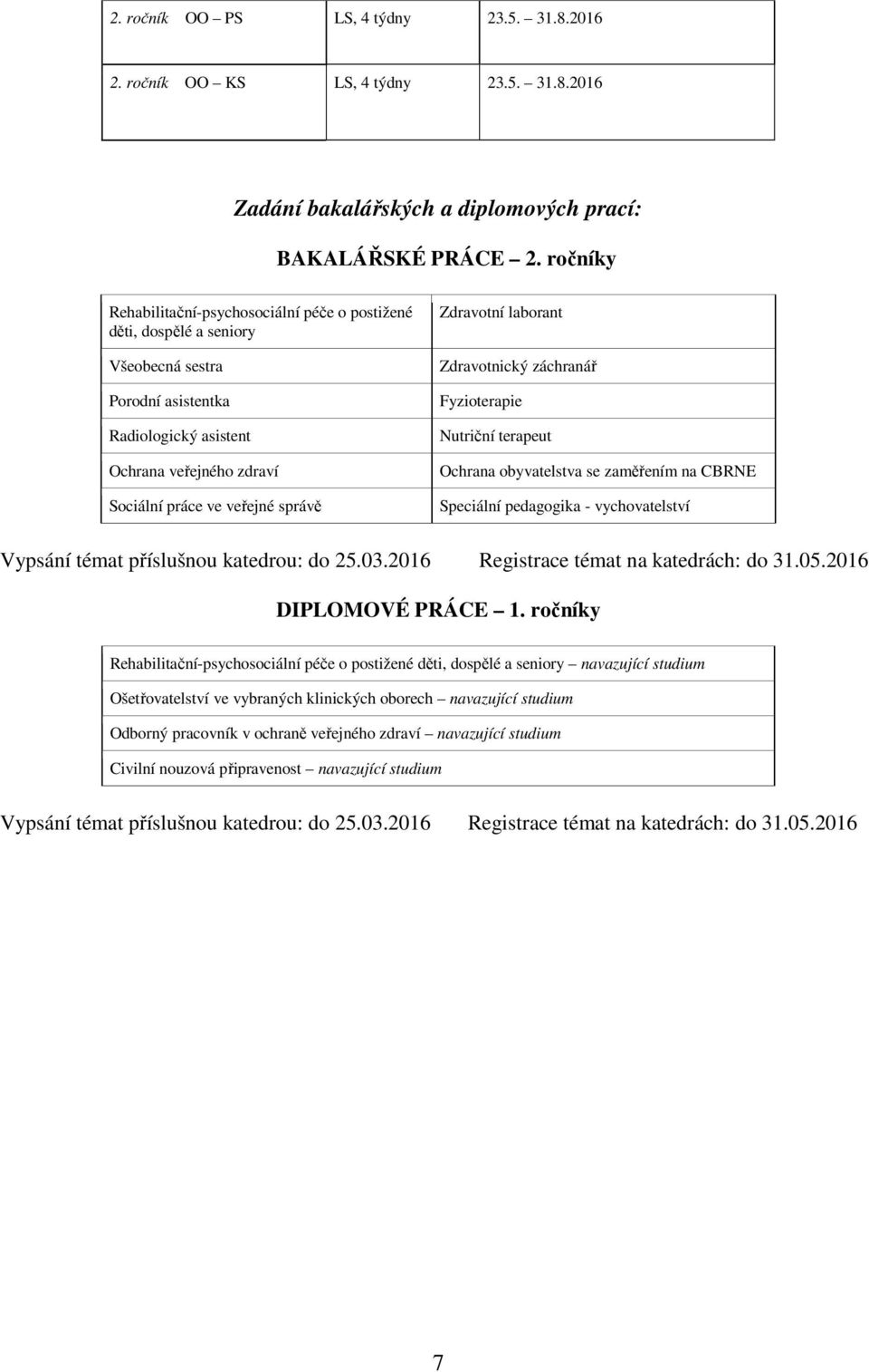 Zdravotní laborant Zdravotnický záchranář Fyzioterapie Nutriční terapeut Ochrana obyvatelstva se zaměřením na CBRNE Speciální pedagogika - vychovatelství Vypsání témat příslušnou katedrou: do 25.03.
