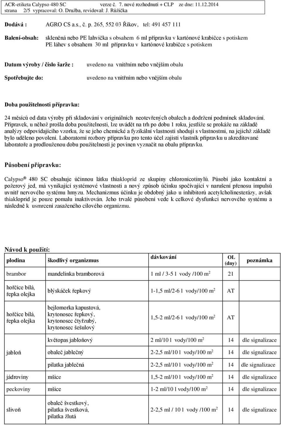 Datum výroby / číslo šarže : Spotřebujte do: uvedeno na vnitřním nebo vnějším obalu uvedeno na vnitřním nebo vnějším obalu Doba použitelnosti přípravku: 24 měsíců od data výroby při skladování v
