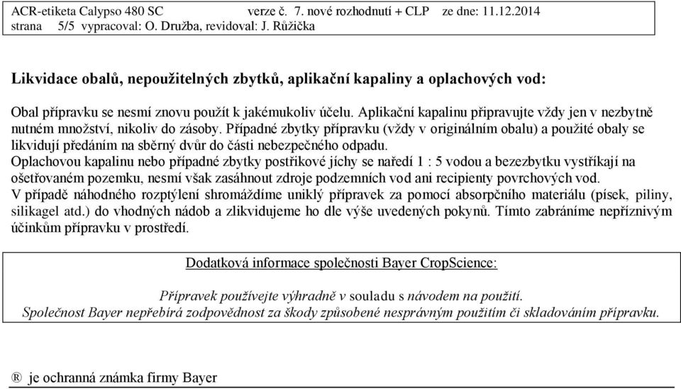 Případné zbytky přípravku (vždy v originálním obalu) a použité obaly se likvidují předáním na sběrný dvůr do části nebezpečného odpadu.