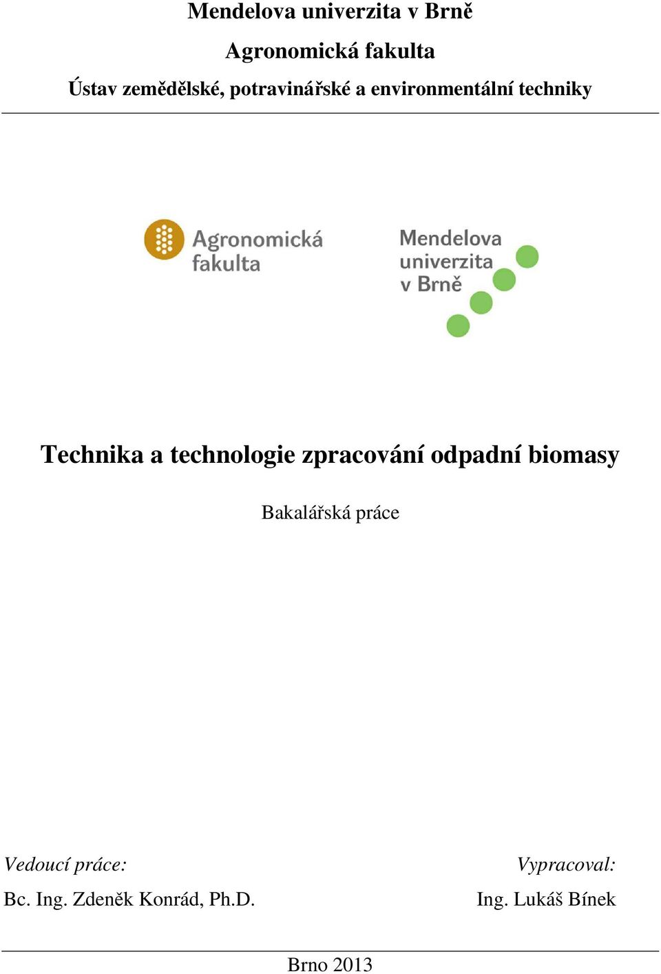 technologie zpracování odpadní biomasy Bakalářská práce Vedoucí
