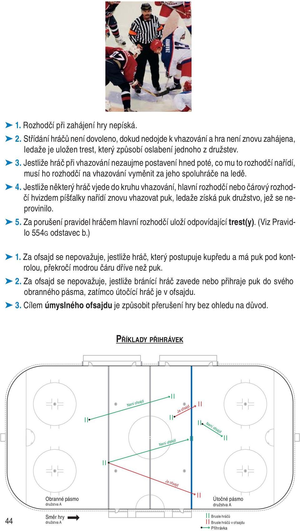 Jestliže některý hráč vjede do kruhu vhazování, hlavní rozhodčí nebo čárový rozhodčí hvizdem píšťalky nařídí znovu vhazovat puk, ledaže získá puk družstvo, jež se neprovinilo. 5.