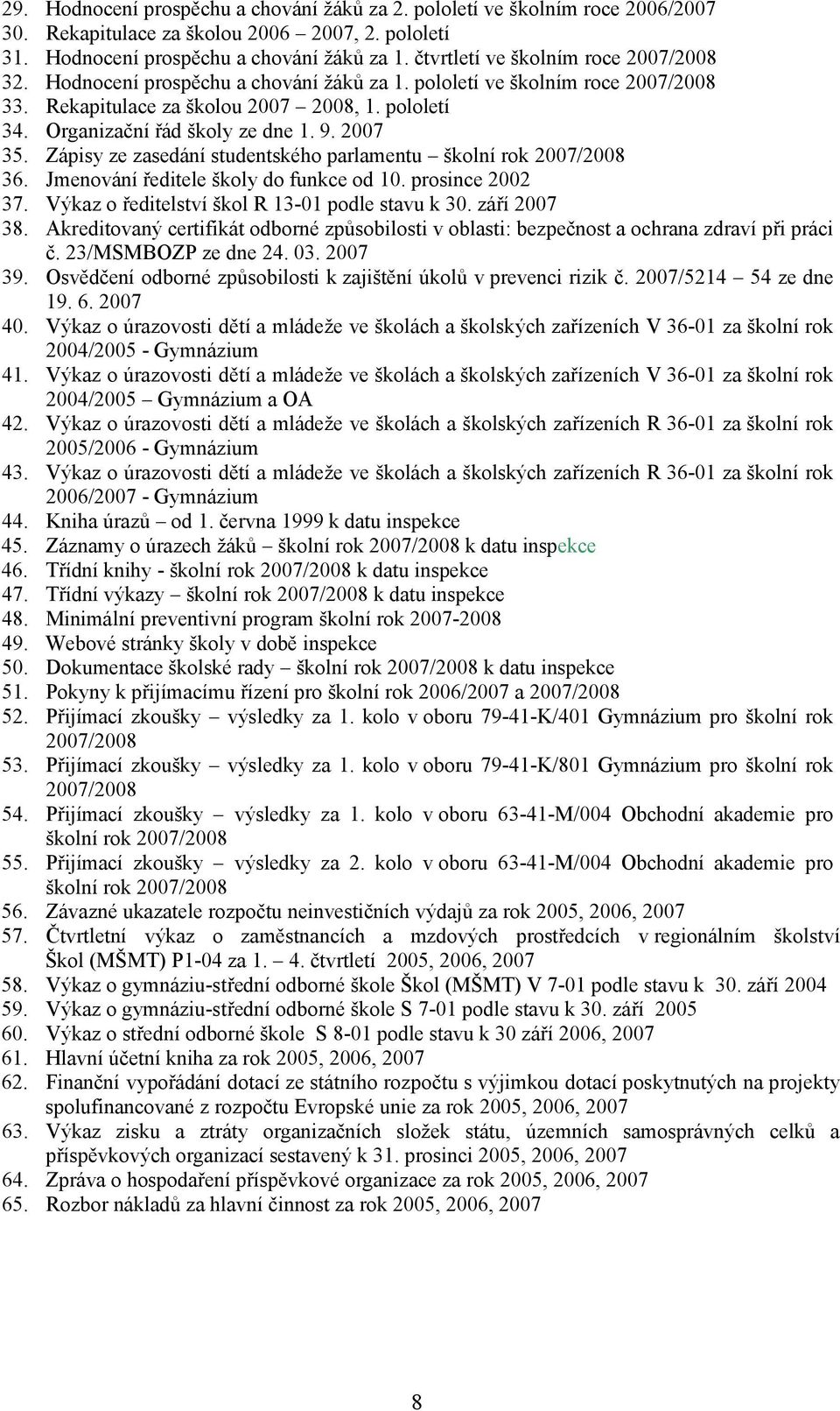 Organizační řád školy ze dne 1. 9. 2007 35. Zápisy ze zasedání studentského parlamentu školní rok 2007/2008 36. Jmenování ředitele školy do funkce od 10. prosince 2002 37.