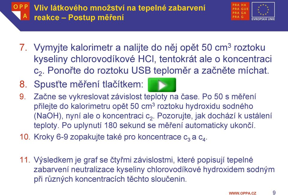 Po 50 s měření přilejte do kalorimetru opět 50 cm 3 roztoku hydroxidu sodného (NaOH), nyní ale o koncentraci c 2. Pozorujte, jak dochází k ustálení teploty.