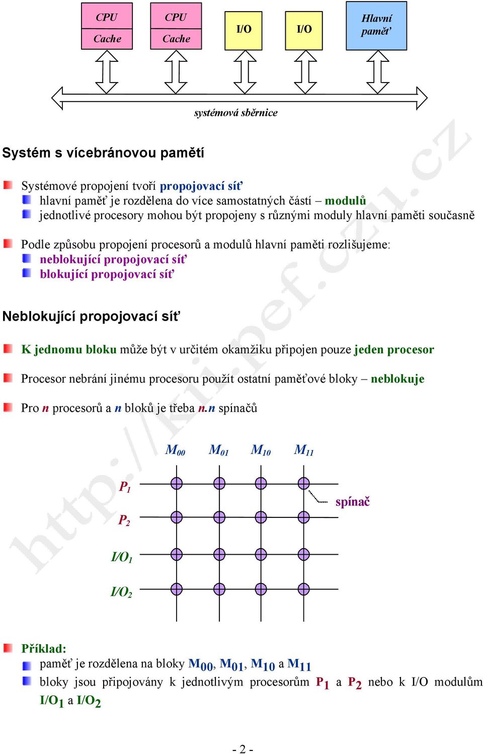 propojovací síť K jednomu bloku může být v určitém okamžiku připojen pouze jeden procesor Procesor nebrání jinému procesoru použít ostatní paměťové bloky neblokuje Pro n procesorů a n bloků je