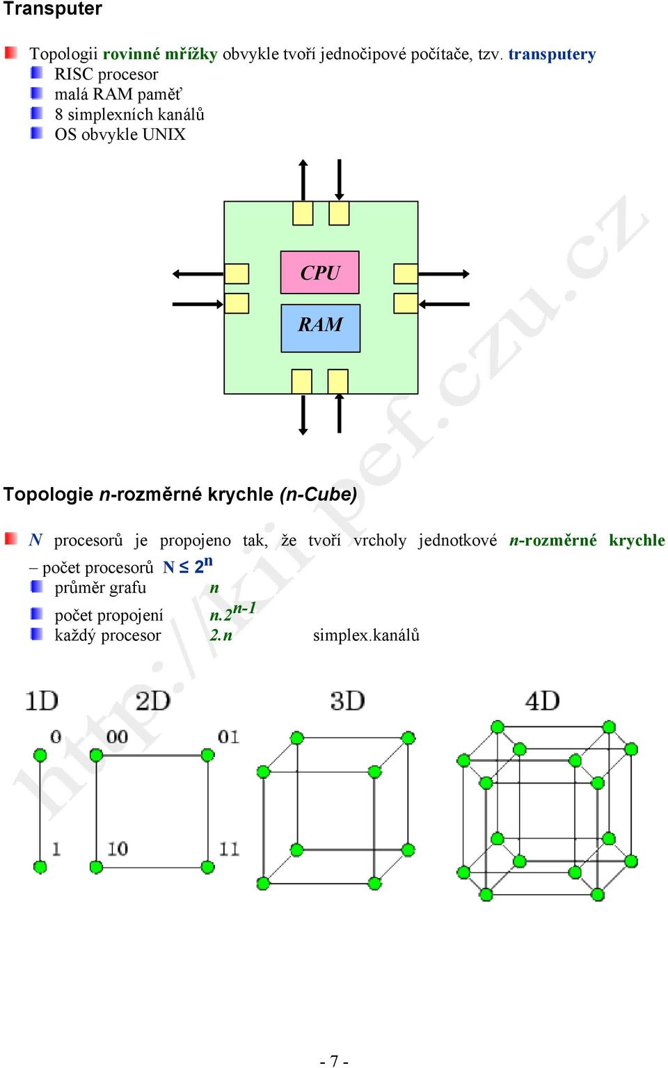 n-rozměrné krychle (n-cube) N procesorů je propojeno tak, že tvoří vrcholy jednotkové