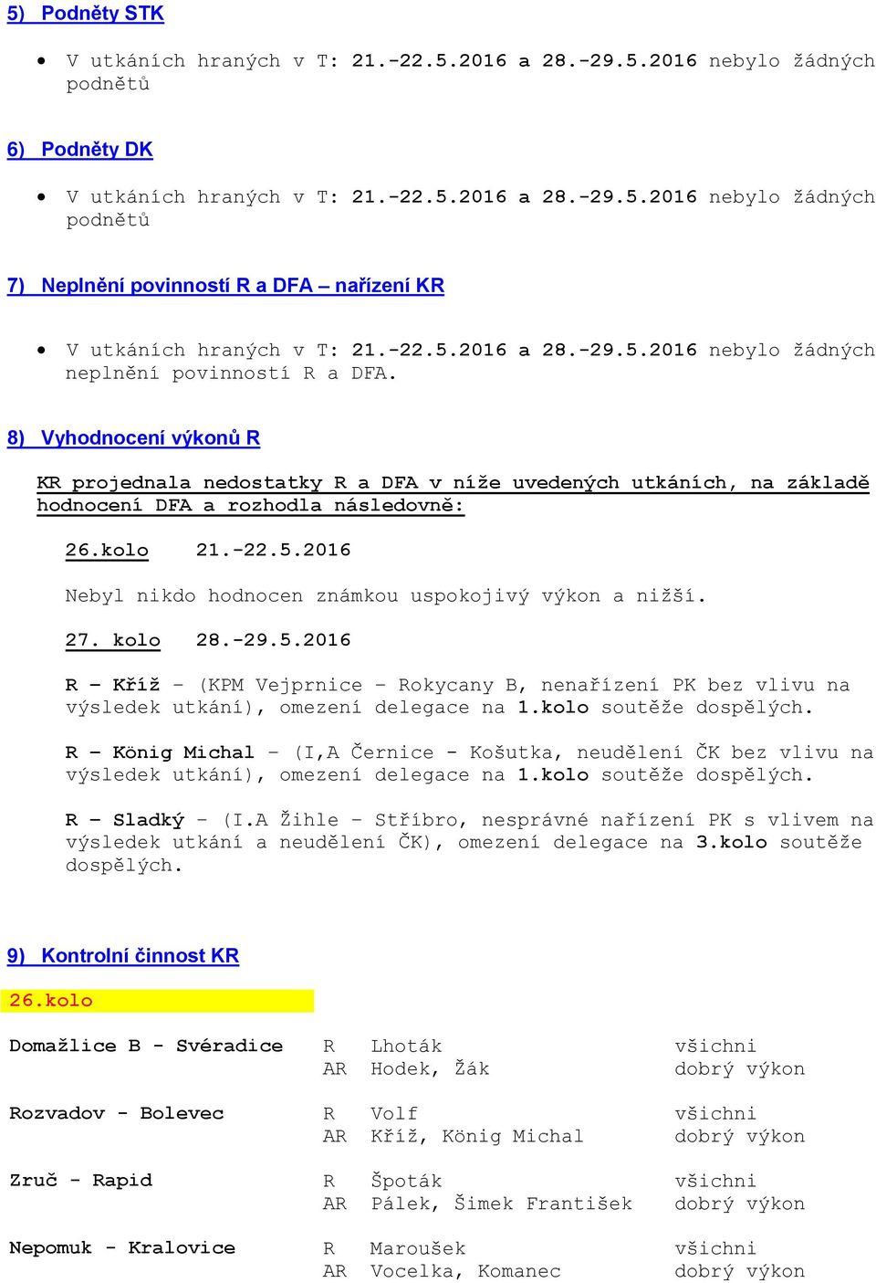 2016 Nebyl nikdo hodnocen známkou uspokojivý výkon a nižší. 27. kolo 28.-29.5.2016 R Kříž (KPM Vejprnice Rokycany B, nenařízení PK bez vlivu na výsledek utkání), omezení delegace na 1.