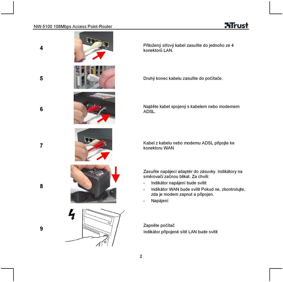 7 Kabel z kabelu nebo modemu ADSL připojte ke konektoru WAN 8 Zasuňte napájecí adaptér do zásuvky.