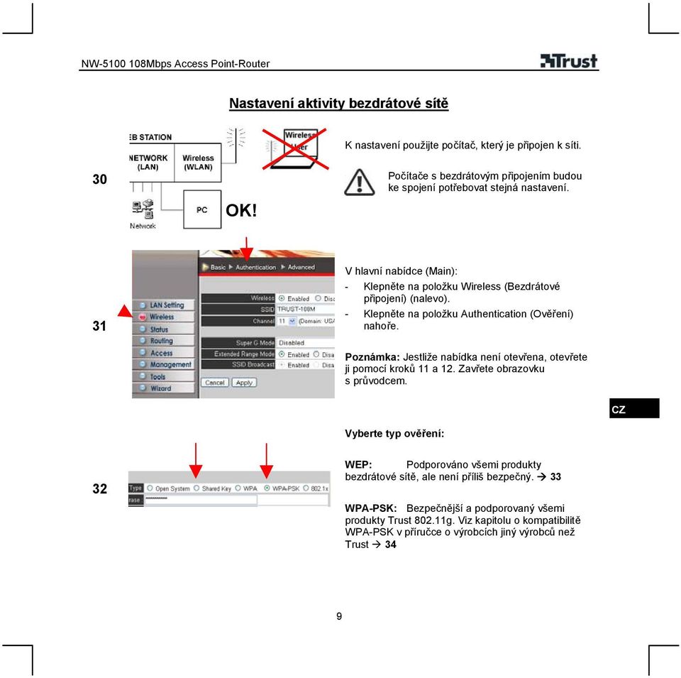 - Klepněte na položku Authentication (Ověření) nahoře. Poznámka: Jestliže nabídka není otevřena, otevřete ji pomocí kroků 11 a 12. Zavřete obrazovku s průvodcem.