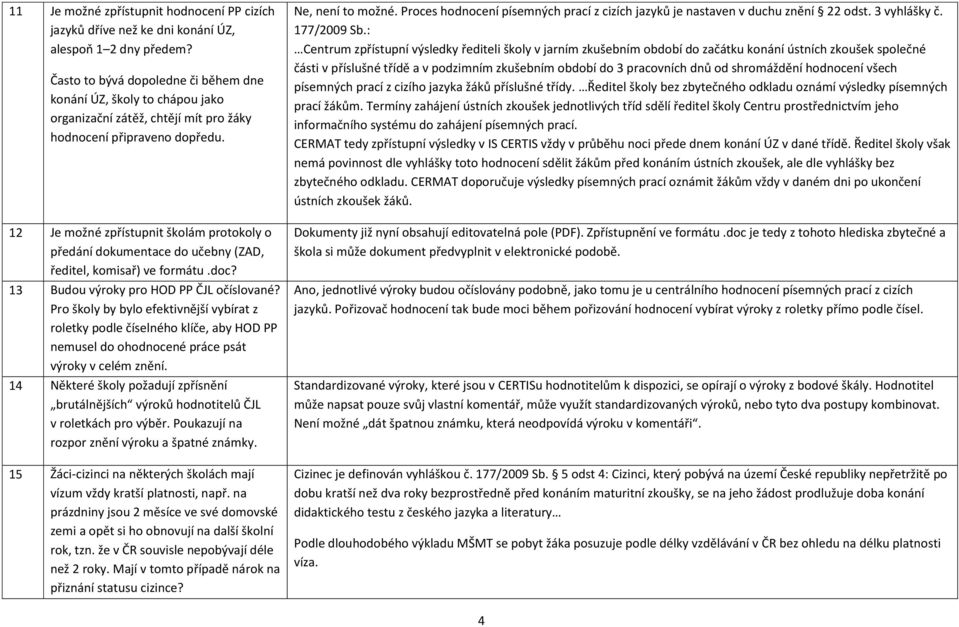 12 Je možné zpřístupnit školám protokoly o předání dokumentace do učebny (ZAD, ředitel, komisař) ve formátu.doc? 13 Budou výroky pro HOD PP ČJL očíslované?