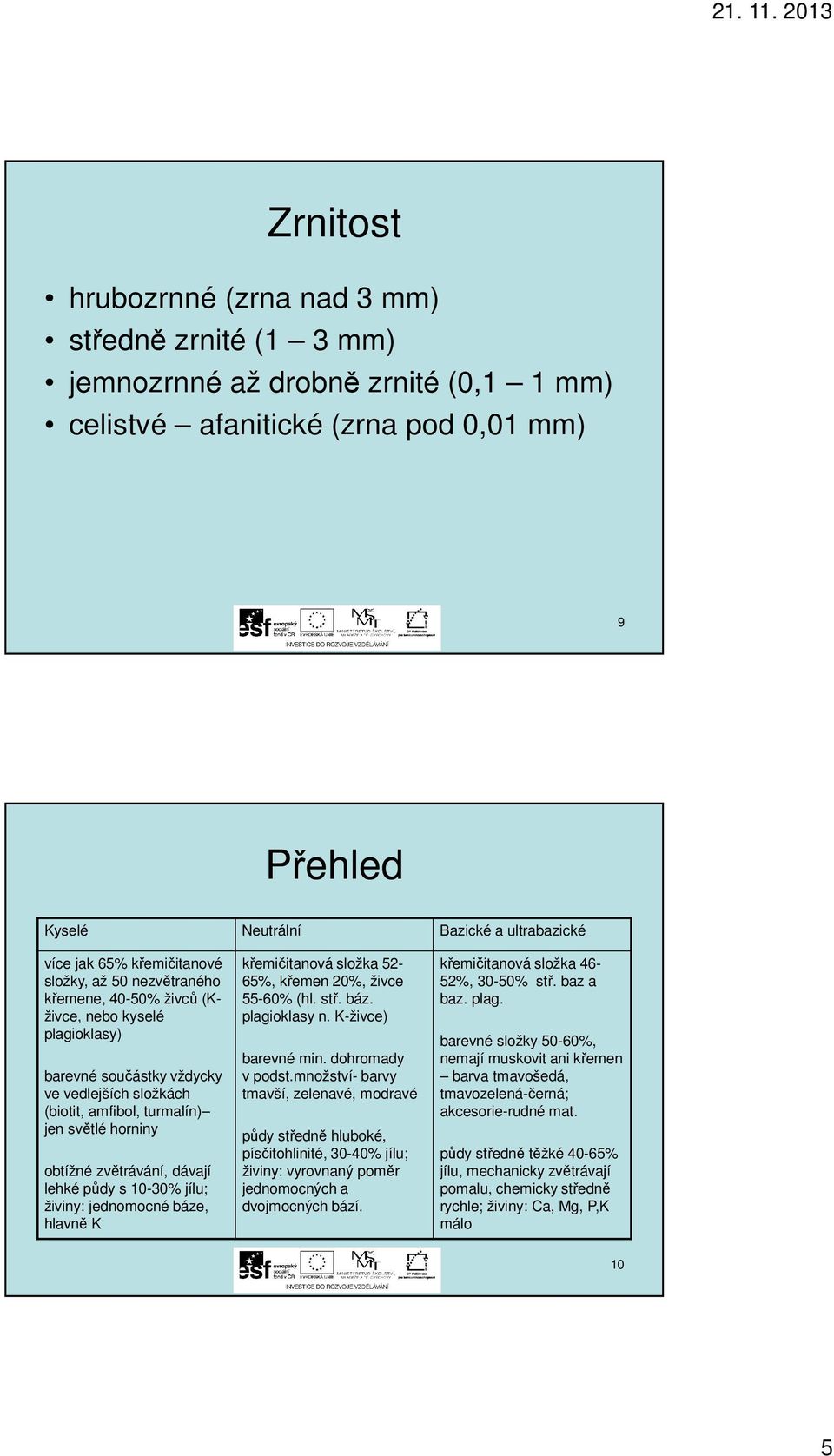 obtížné zvětrávání, dávají lehké půdy s 10-30% jílu; živiny: jednomocné báze, hlavně K křemičitanová složka 52-65%, křemen 20%, živce 55-60% (hl. stř. báz. plagioklasy n. K-živce) barevné min.