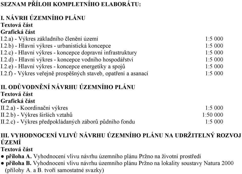 ODŮVODNĚNÍ NÁVRHU ÚZEMNÍHO PLÁNU Textová část Grafická část II.2.a) - Koordinační výkres 1:5 000 II.2.b) - Výkres širších vztahů 1:50 000 II.2.c) - Výkres předpokládaných záborů půdního fondu 1:5 000 III.
